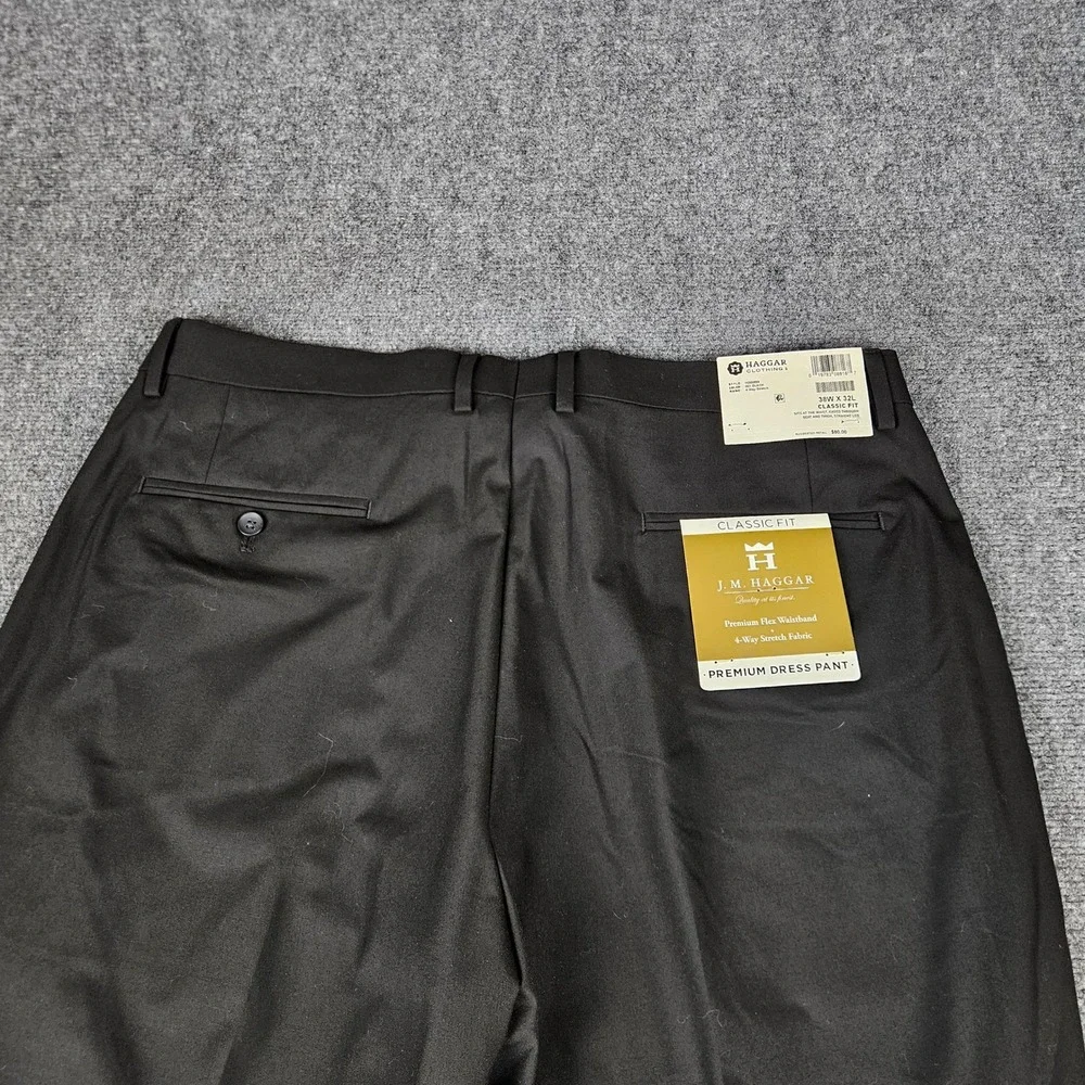 J.M. Haggar Mens Premium Dress Pants 38x32 Black Classic Fit 4-Way Stretch New